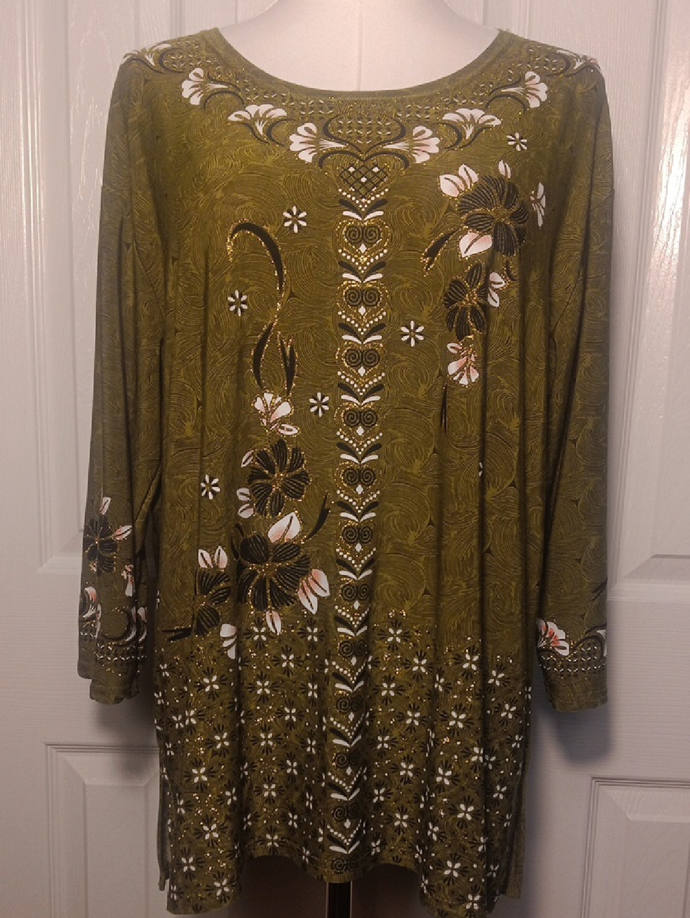 Olive Green Long-Sleeve Floral Tunic Blouse With Glitter Effects Around Print